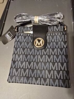 Mia K Farrow Signature Black Crossbody Bag with Gold Logo